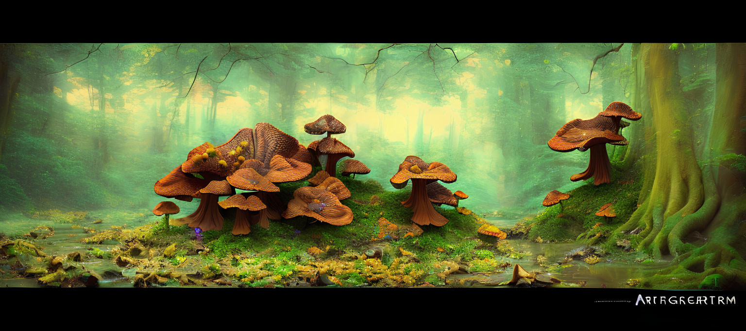 Enchanting forest scene with oversized mushrooms and misty light