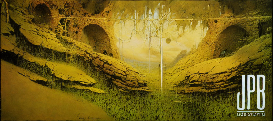 Unique surreal landscape with grass-covered hills, arches, stalactites, and a central phenomenon resembling