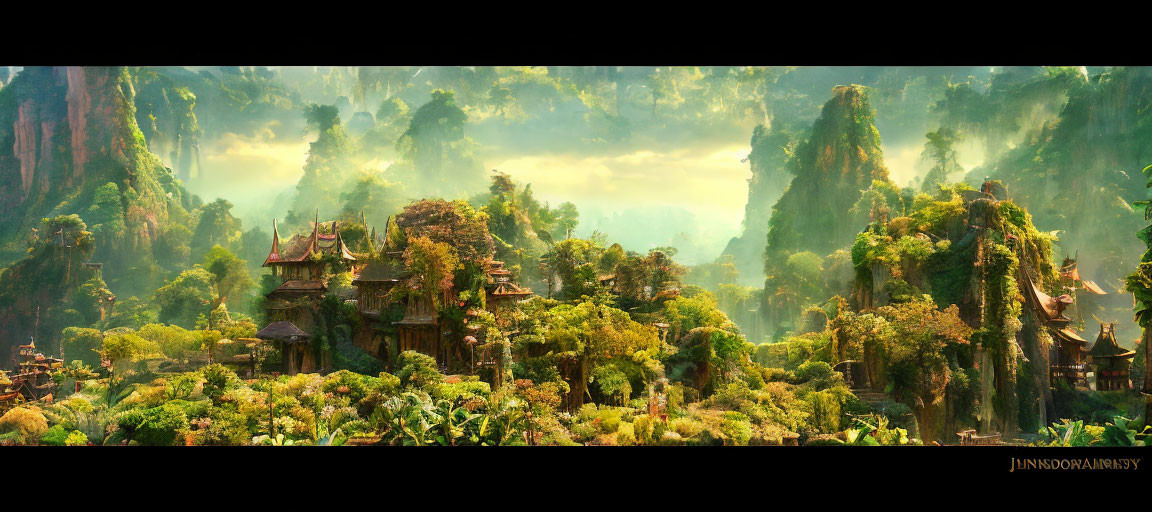 Panoramic fantasy landscape with ancient Asian-style architecture and lush greenery