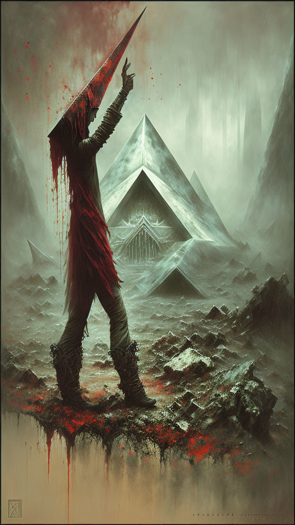 Cloaked figure with red accents at pyramid in bleak landscape.