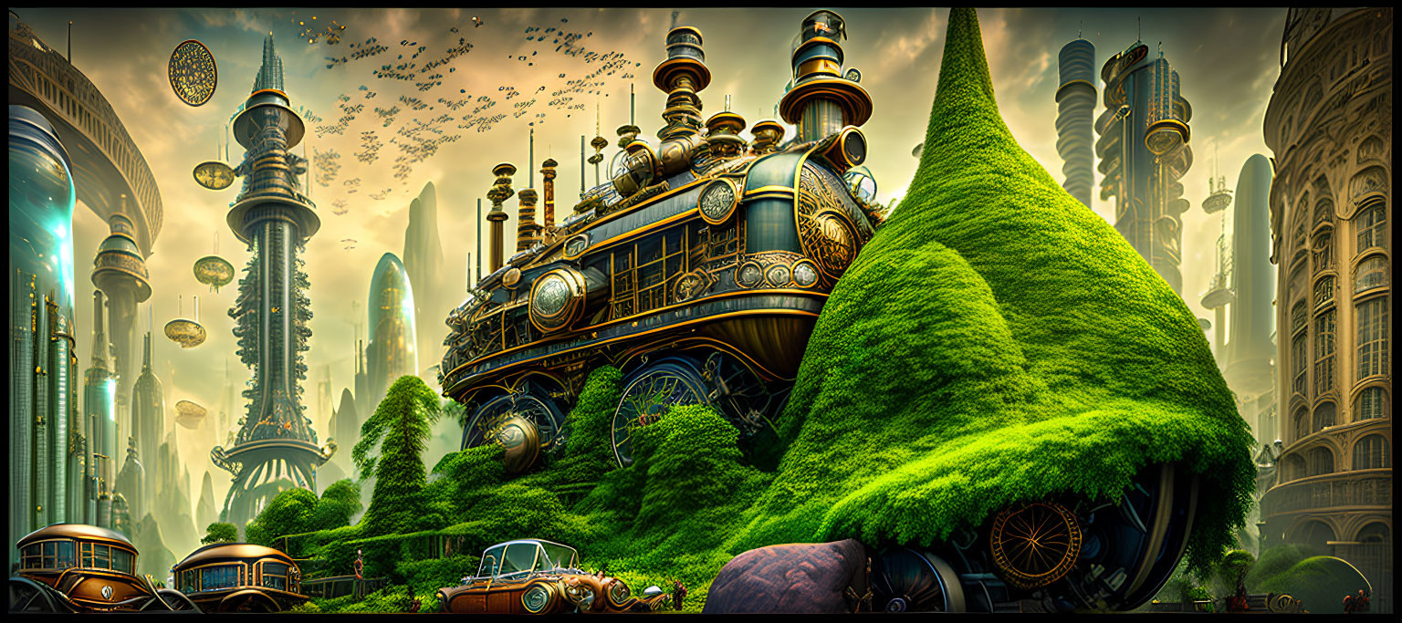 Steampunk cityscape with retro-futuristic vehicles and towering green buildings