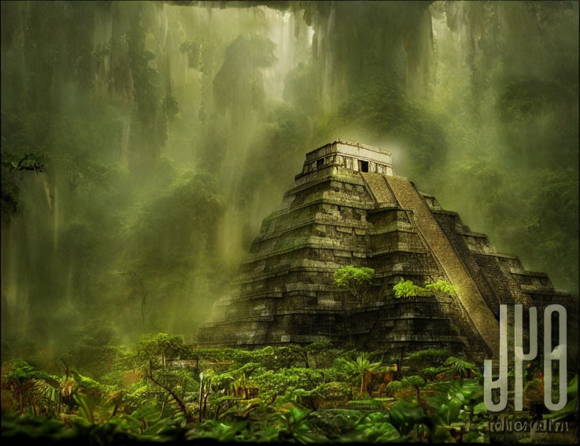 Mesoamerican Pyramid in Misty Tropical Forest with Waterfalls