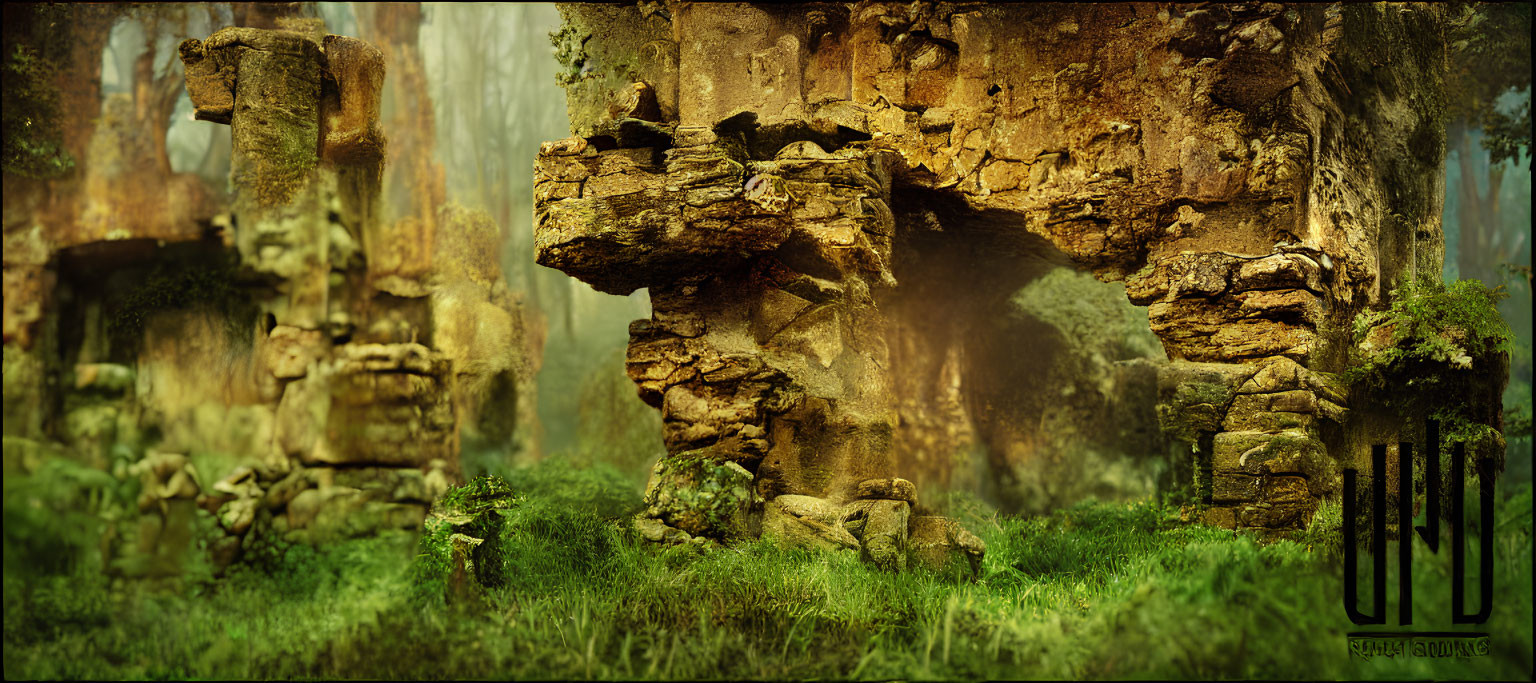 Ancient stone ruins covered in moss in misty forest