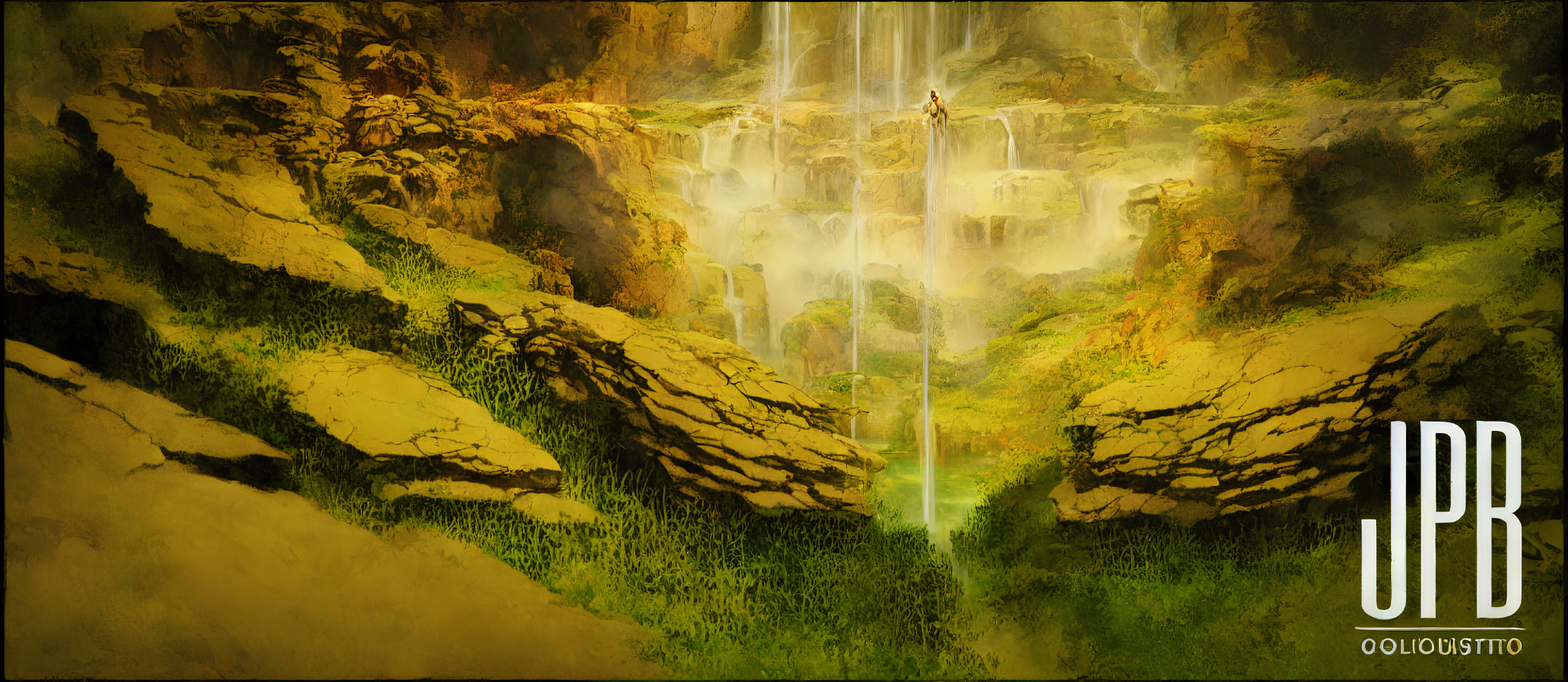 Tranquil Fantasy Waterfall Scene with Person and Runes