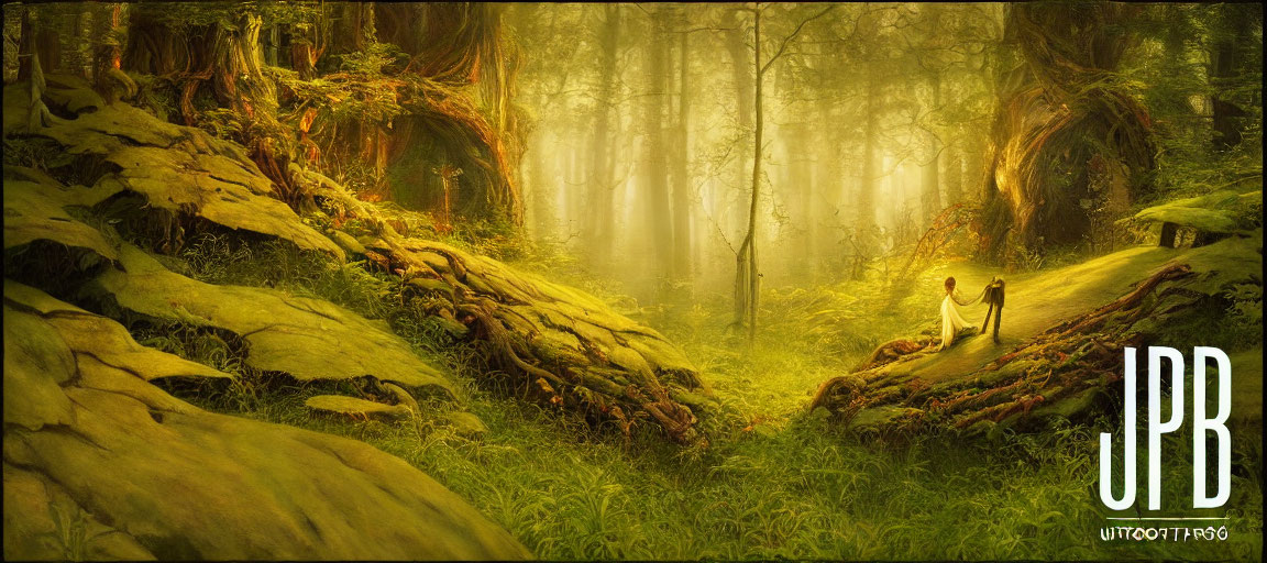 Misty forest scene with sunlight filtering through trees