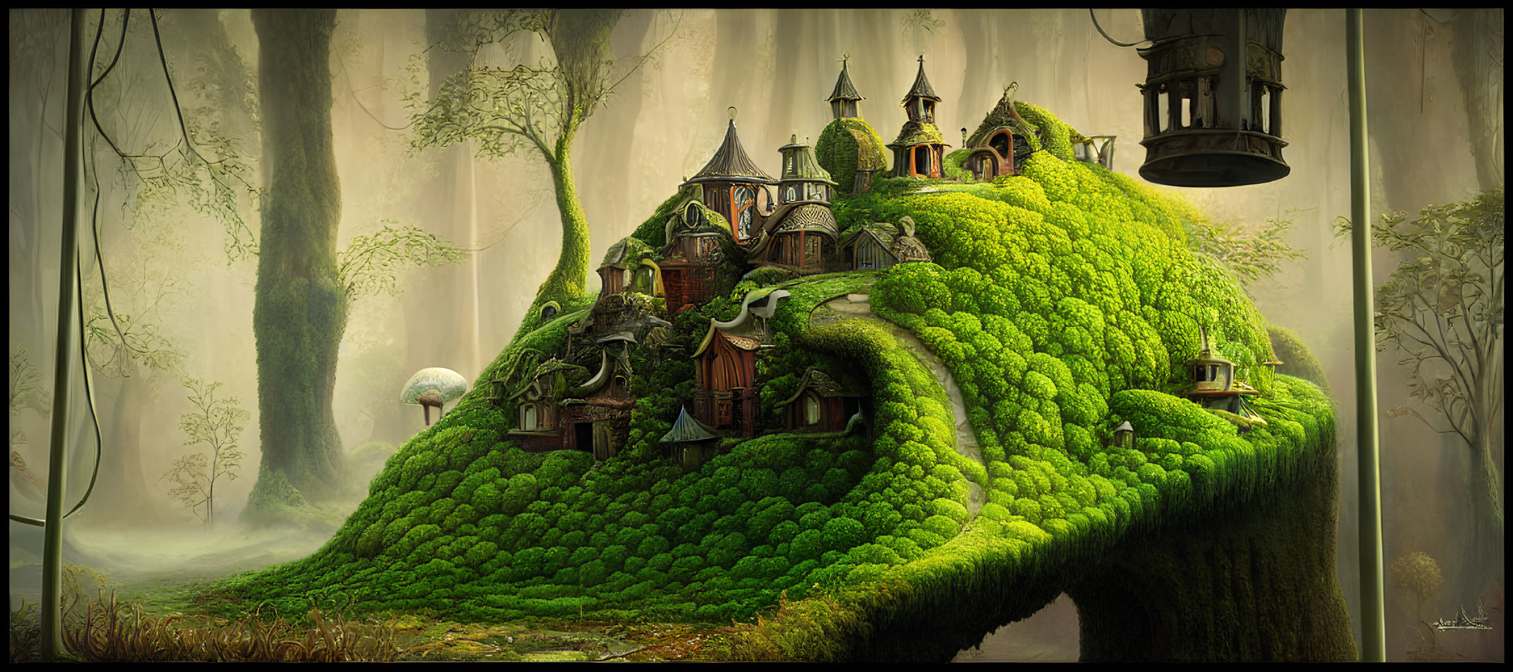 Enchanting fairytale house on lush green hill in magical forest