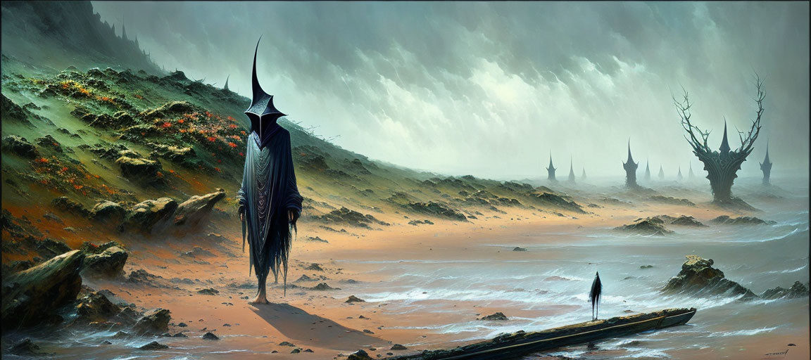 Cloaked figure on desolate shore under gloomy sky