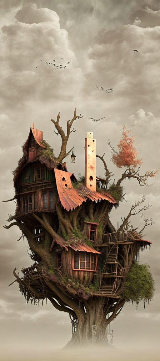 Charming treehouse with wooden structures and chimney under cloudy sky