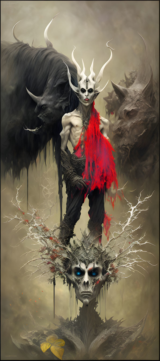 Mystical figure with horned skull mask and red scarf, surrounded by shadowy beasts and eerie