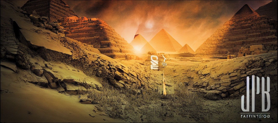 Egyptian Pyramids with Glowing Symbol and Futuristic Elements in Sepia Tone