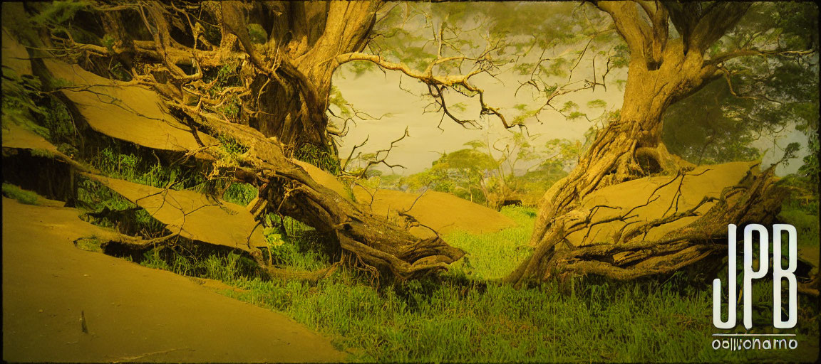 Sepia-Toned Landscape with Intertwined Tree Roots and Murky Sky