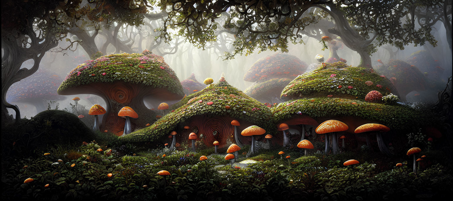 Mystical forest with oversized mushroom-shaped houses and vibrant green moss