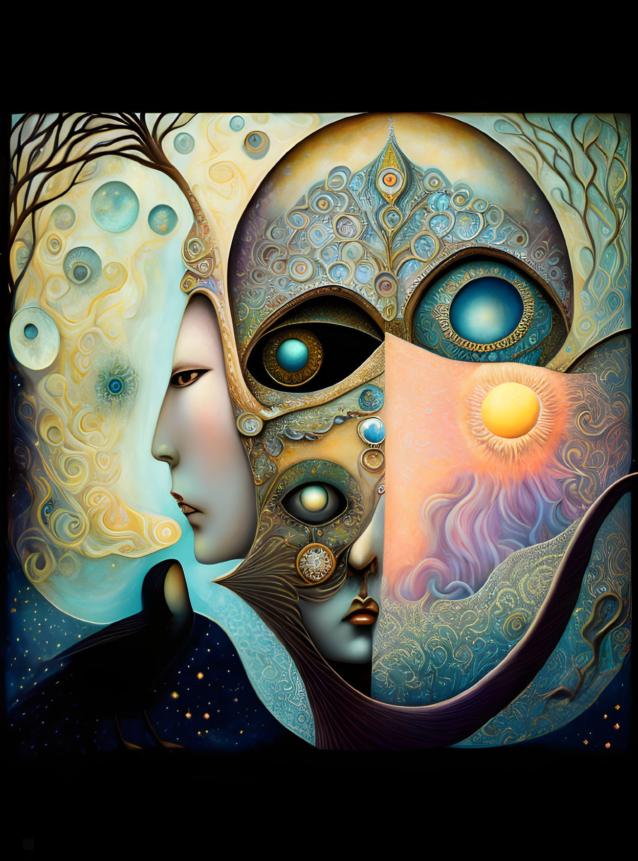 Vibrant surreal artwork with celestial motifs and multiple faces.