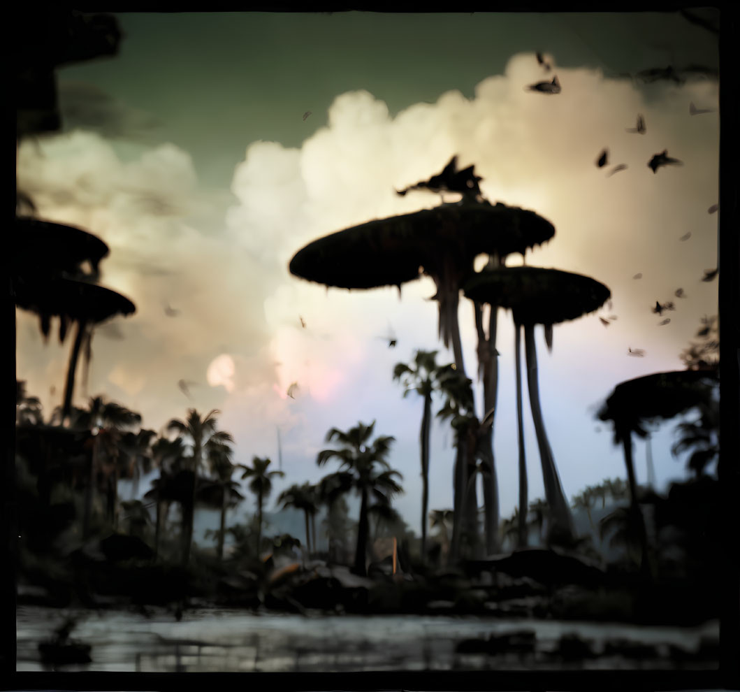 Fantasy landscape featuring towering mushroom structures, tropical trees, dark water, birds, and dusky sky
