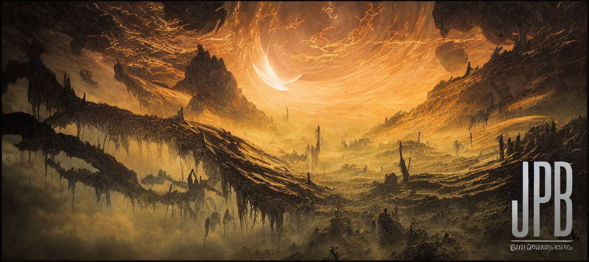 Fantasy landscape with large crescent moon, rocky terrain, eerie structures in glowing sky