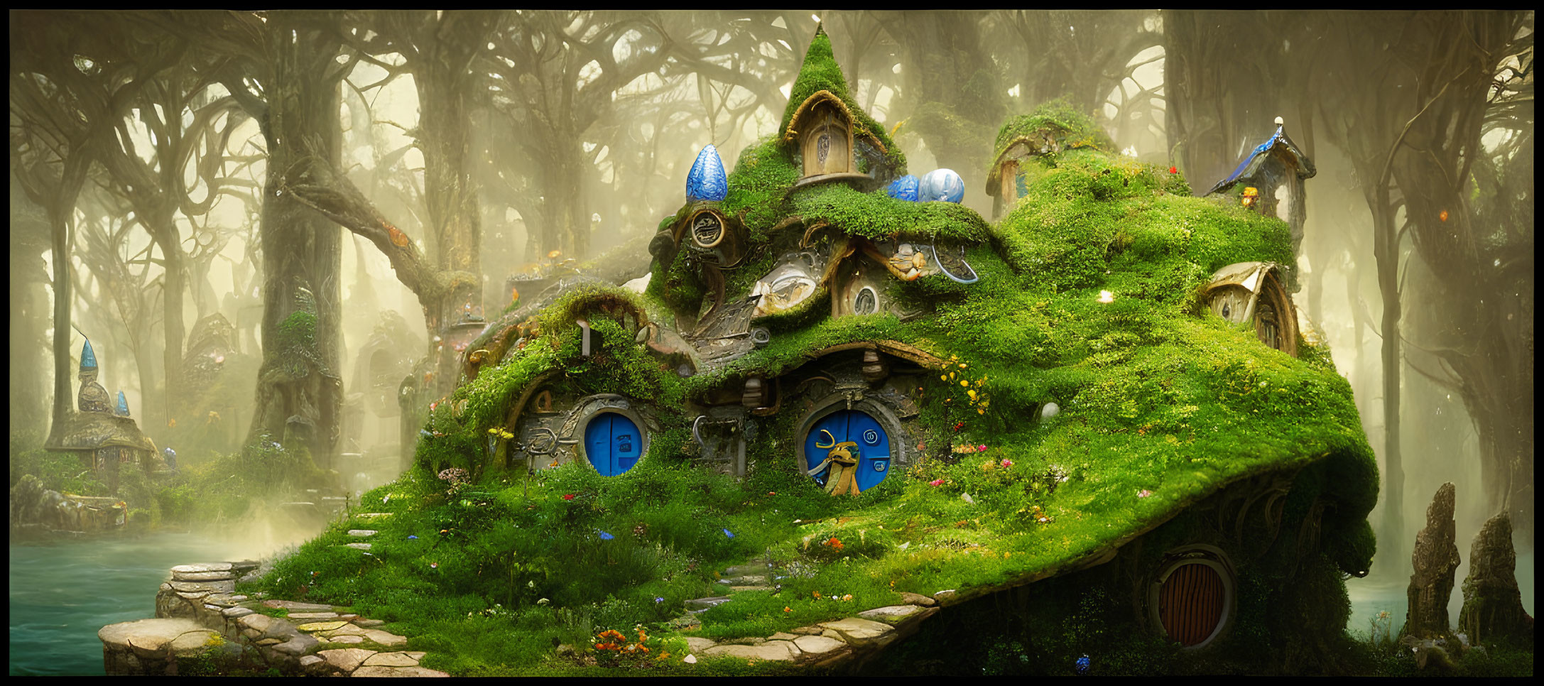 Whimsical moss-covered house in enchanted forest scene