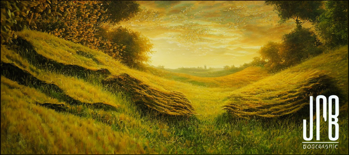 Golden meadow landscape painting with tree-lined horizon and sunset sky