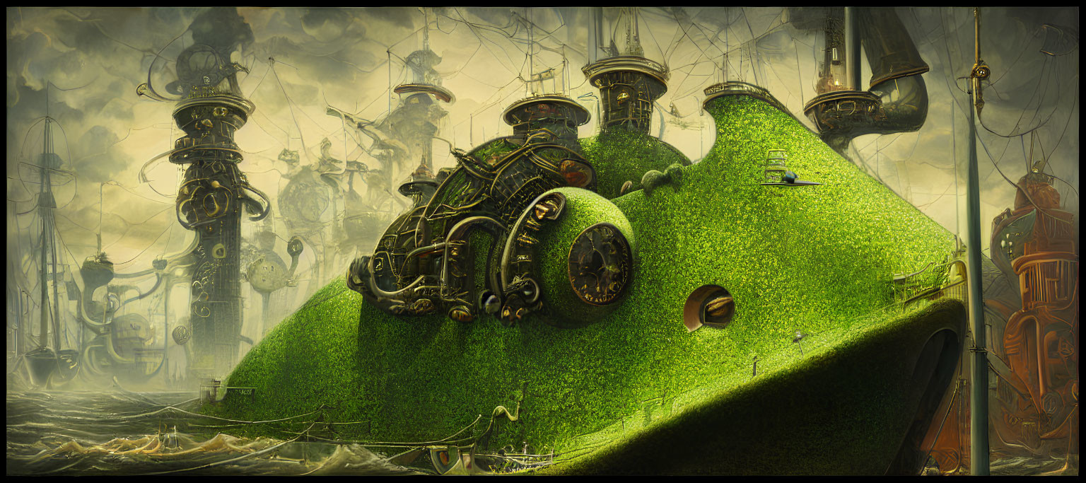 Steampunk scene with industrial towers and moss-covered submarine