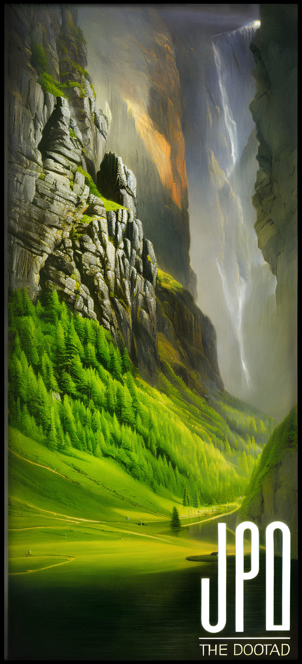 Majestic fantasy landscape with towering cliff, waterfalls, and lush greenery