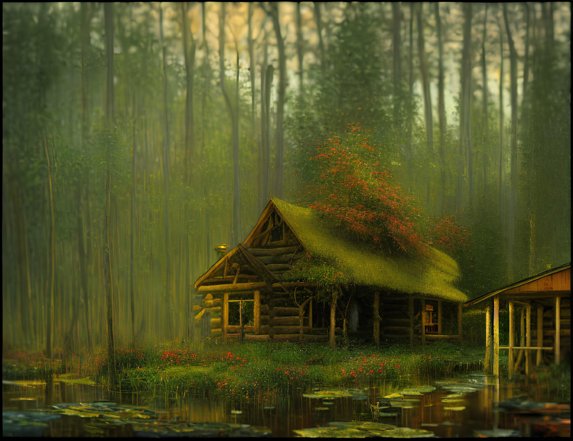 Tranquil Misty Forest Scene with Log Cabin and Autumn Foliage