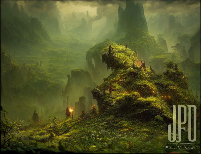 Mystical forest with lush greenery, towering rocks, mist, and small figures with torches