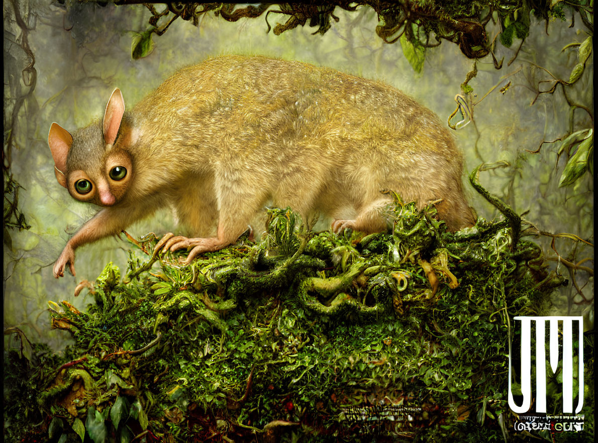 Surreal illustration: Mouse with large human-like eyes on mossy surface