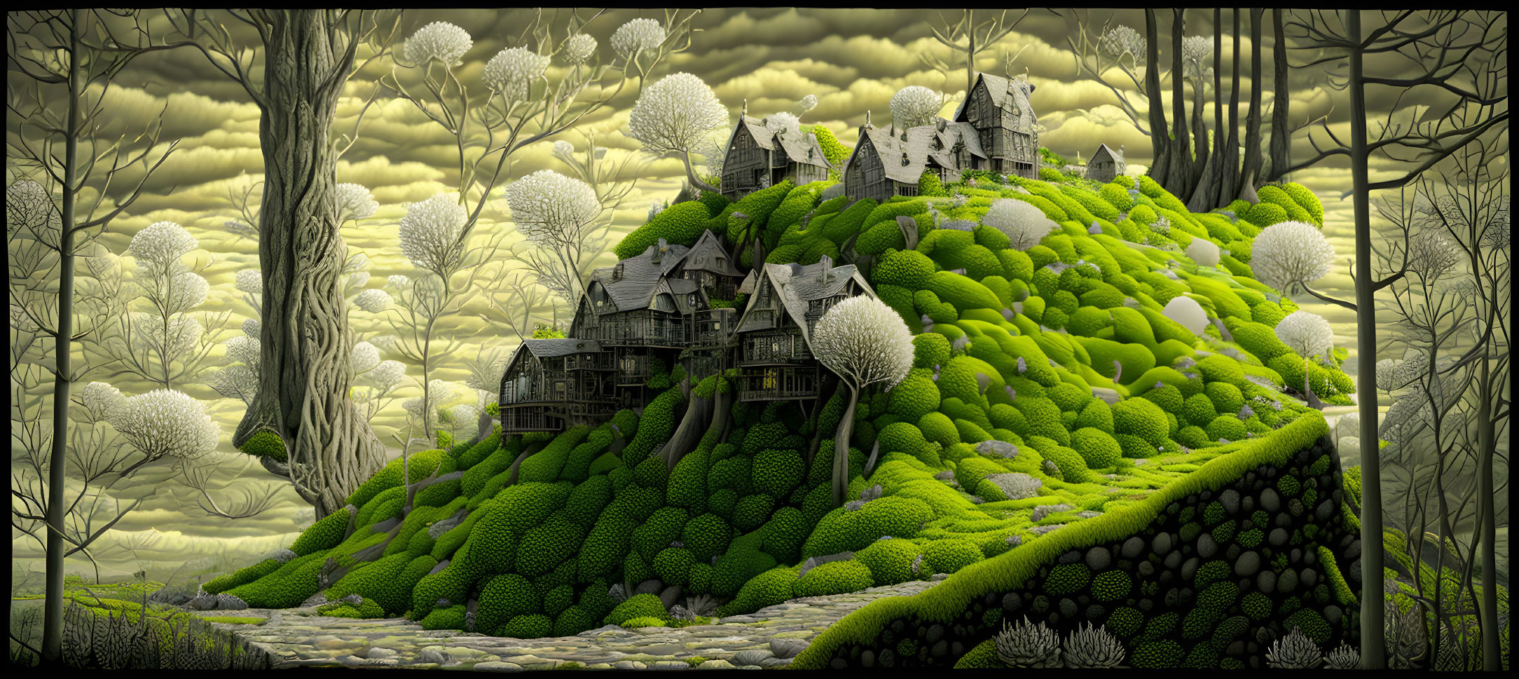 Mystical village with rustic houses on lush green hill under dramatic sky