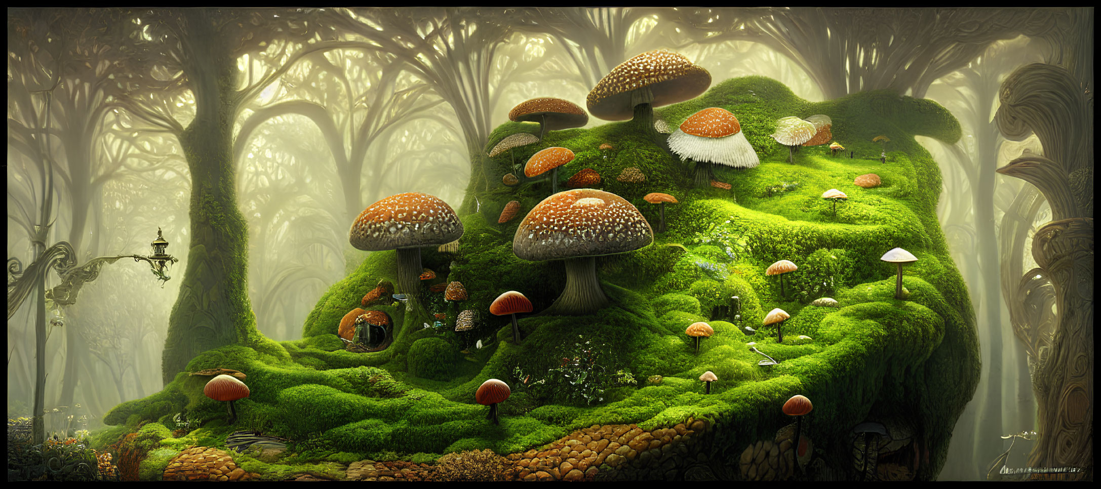 Enchanting Forest Scene with Oversized Mushrooms and Vivid Greenery