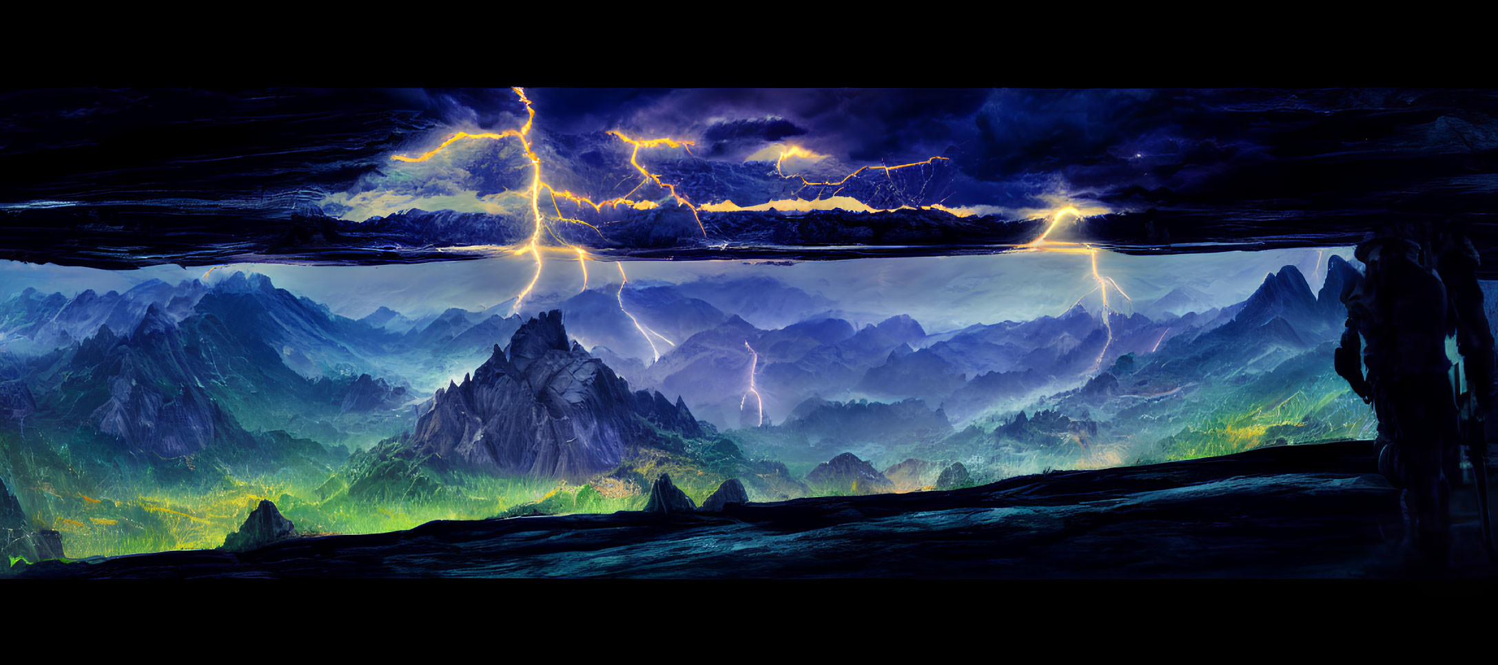 Stormy sky over jagged mountains with vibrant lightning strikes