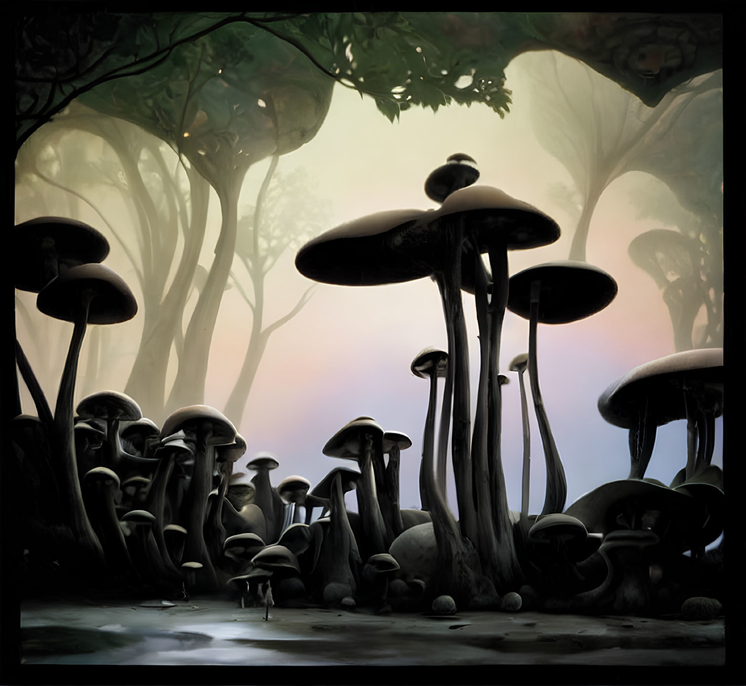 Misty twilight forest with towering mushrooms