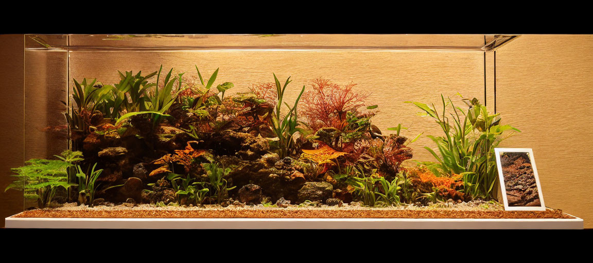 Freshwater Aquarium with Green and Red Plants, Rocks, Driftwood, and Photo Frame