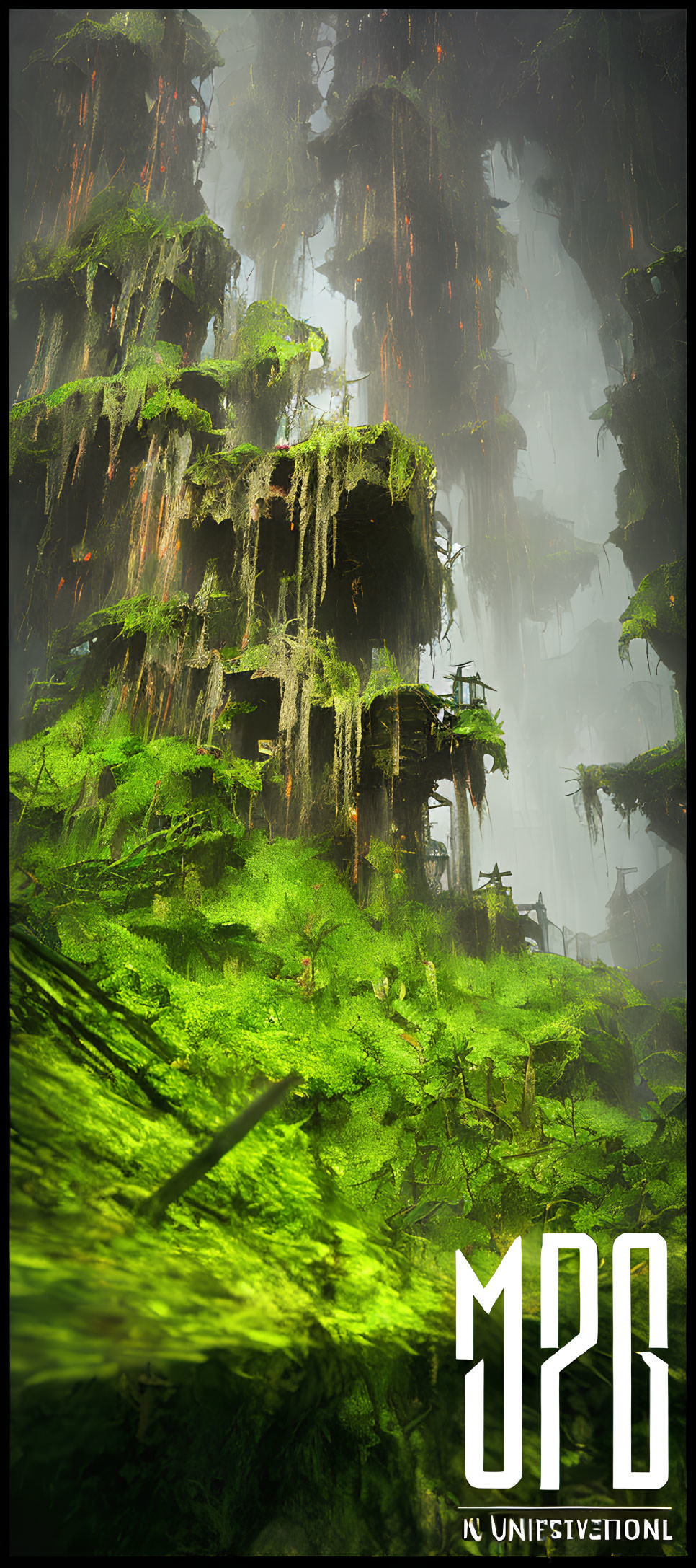 Verdant moss-covered cliff with ruins and futuristic logo in mist