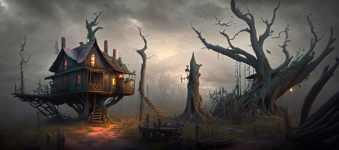 Whimsical treehouse with lantern-lit staircase and swing in misty forest