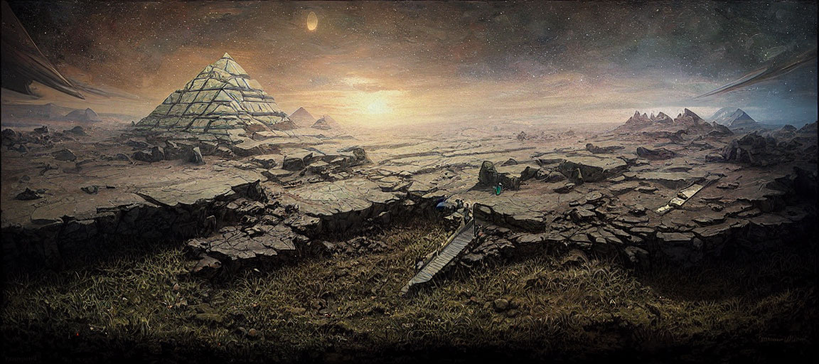 Desolate cracked landscape with futuristic pyramid and ruins at sunset