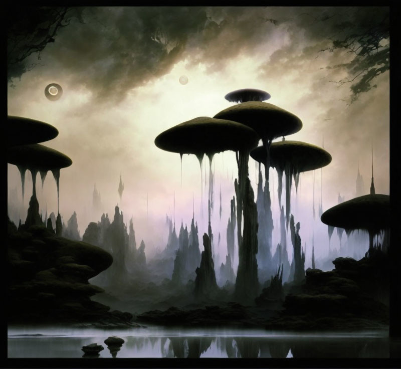 Mystical landscape with towering mushroom-like structures and two moons