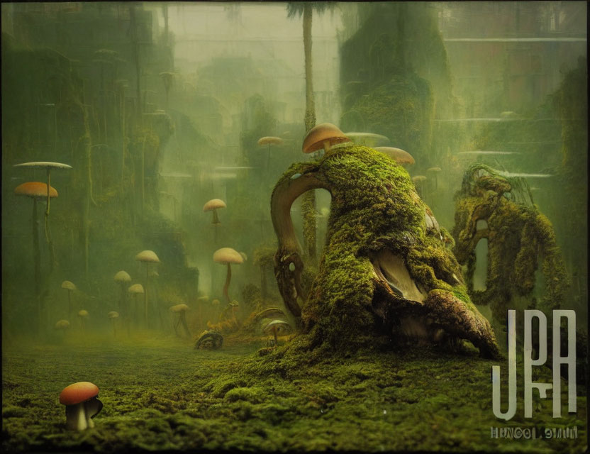 Enchanting misty forest landscape with large mushrooms and lush greenery