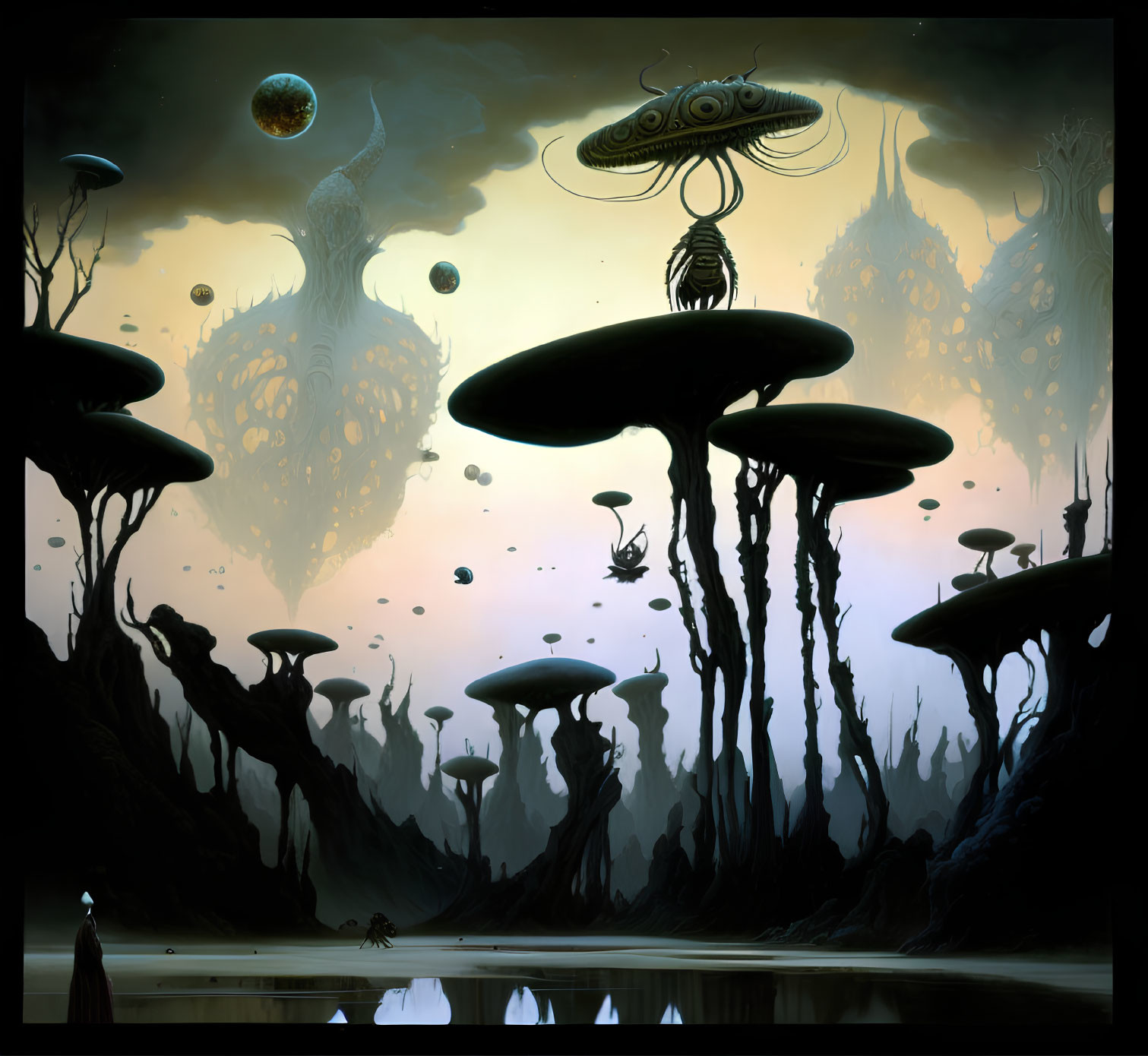 Surreal alien landscape with towering mushroom-like structures and floating orbs