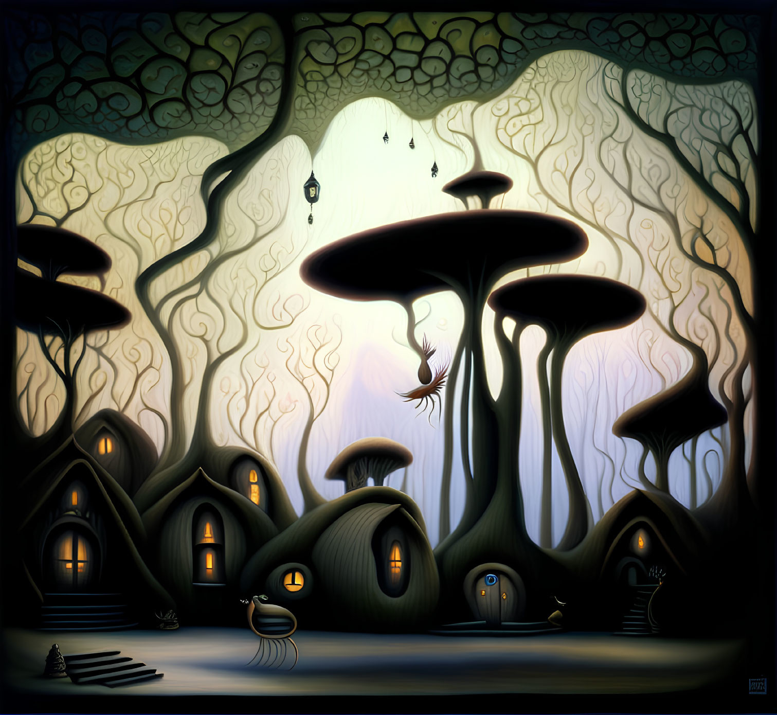 Whimsical village with mushroom houses, lanterns, bird, stylized trees, twilight sky