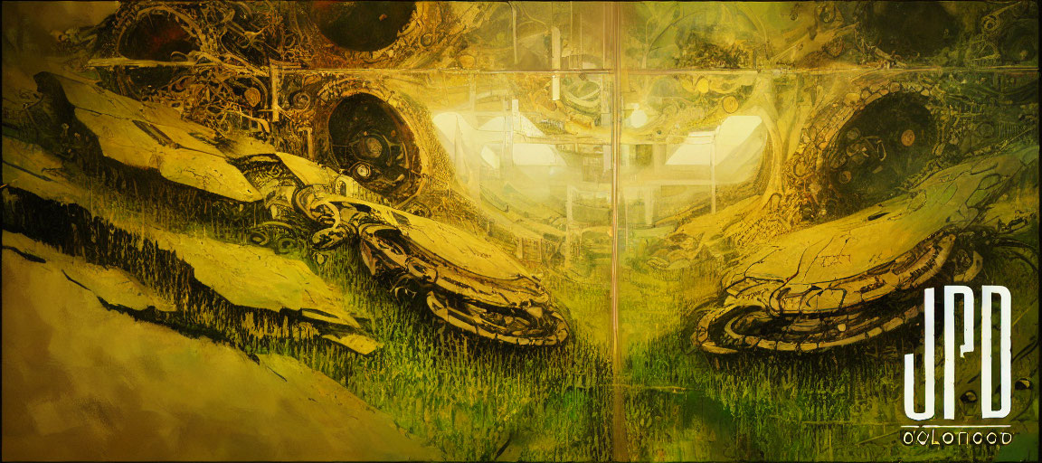 Abstract painting of mechanical parts and caterpillar tracks in green and yellow palette