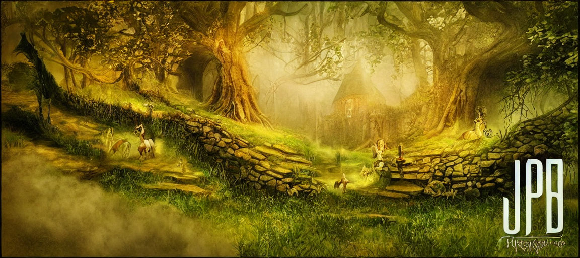 Misty forest with old trees, stone wall, cottage, deer, and figure sitting.