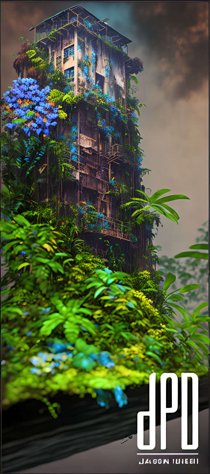 Abandoned building overgrown with greenery and blue flowers under cloudy sky