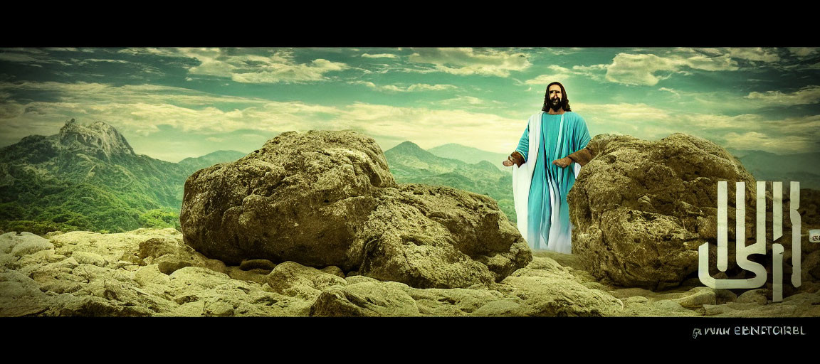 Robed Figure on Rocky Terrain with Mountains and Cloudy Sky