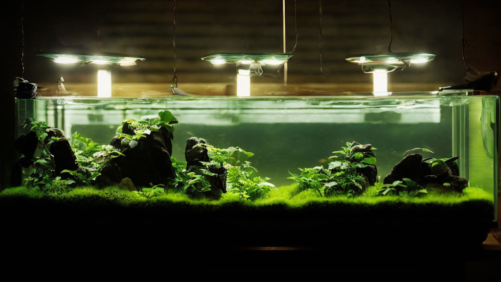 Aquarium with Rock Features, Aquatic Plants, and Green Moss