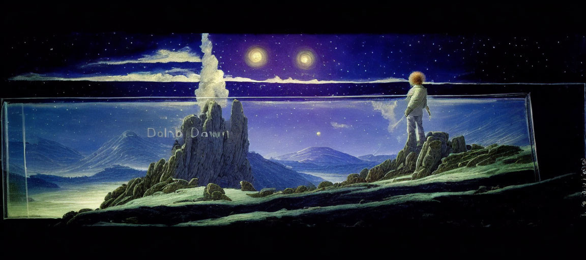 Figure observing surreal landscape with towering rocks and two moons