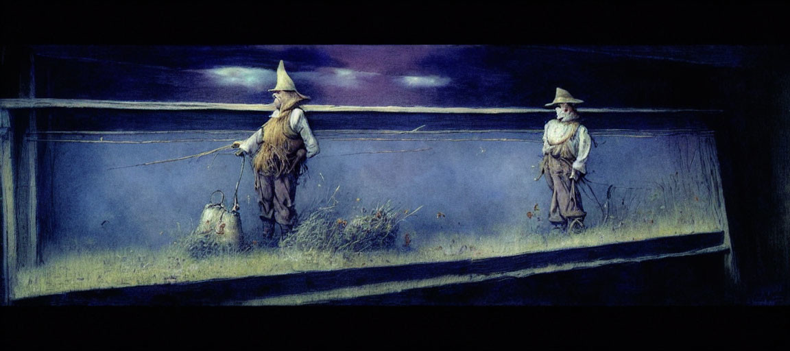 Illustration of Two Wizard-Like Figures in Nocturnal Landscape