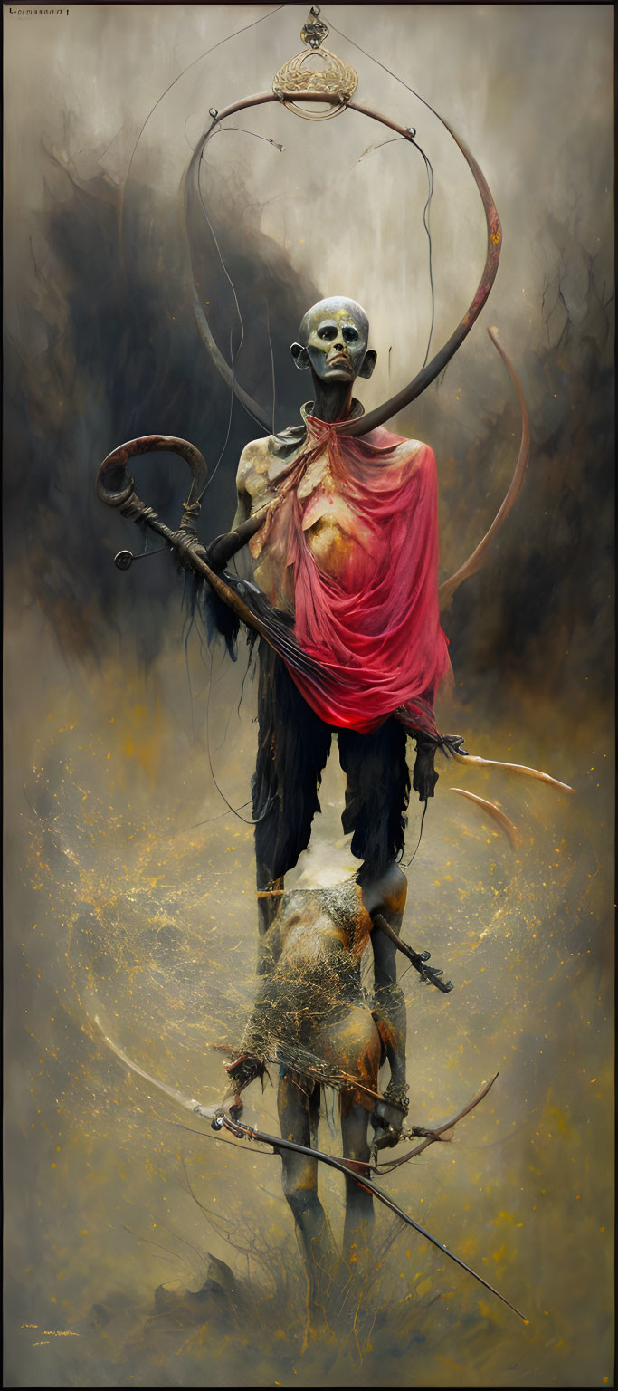 Mysterious skeletal figure with red cloak and staff in misty setting