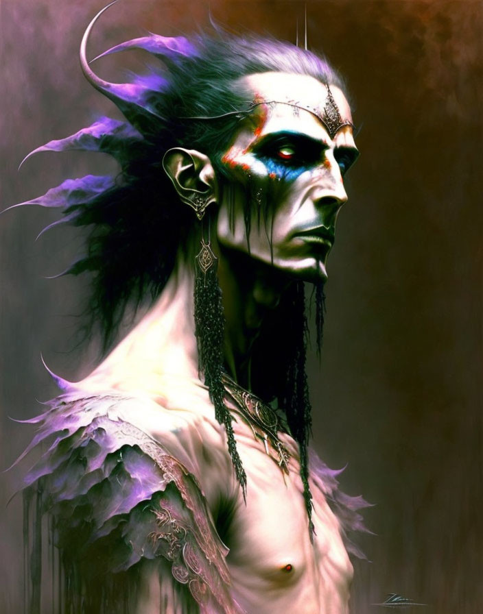 Character with feathers, ear piercings, tribal paint, stern gaze on brown backdrop