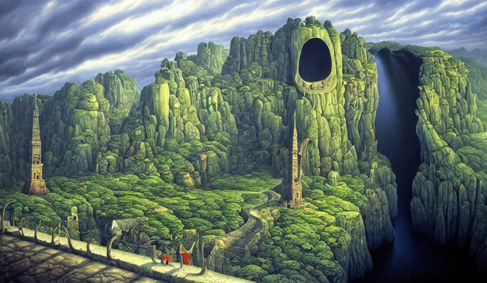 Fantastical landscape with towering green rock formations and mountain tunnel path.