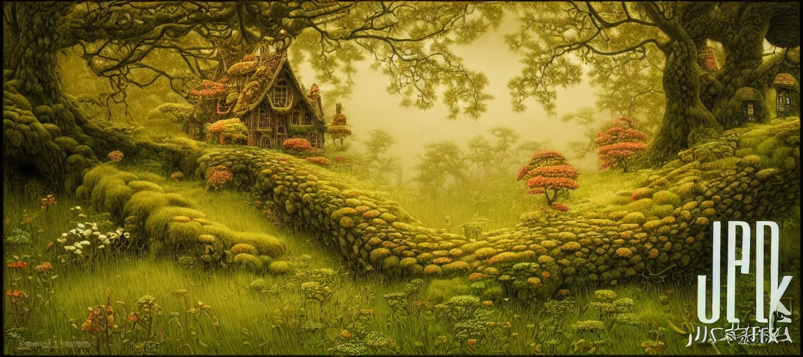 Enchanted cottage in lush fantasy landscape