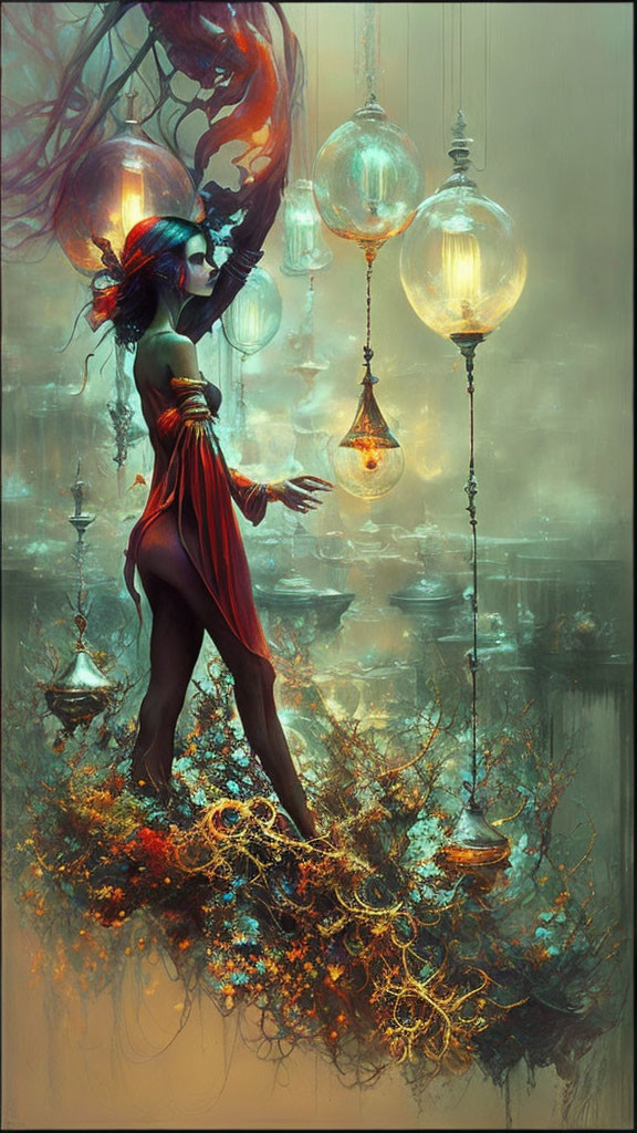 Blue-skinned figure with red drapery amidst lanterns and branches in foggy setting